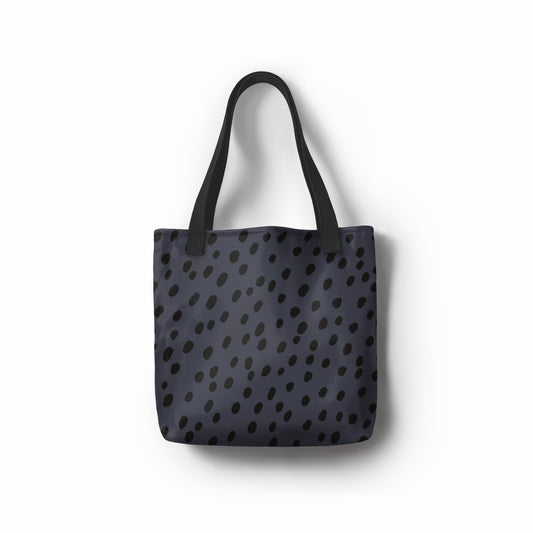 TASHAU Midnight Blue Shopper with Polka Dots - Front view on a white background.
