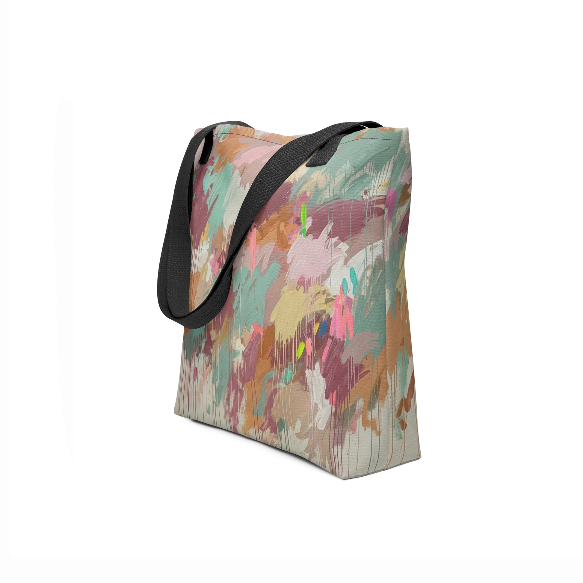 Side profile of TASHAU's Cheerful Brush tote bag in mint and brown.