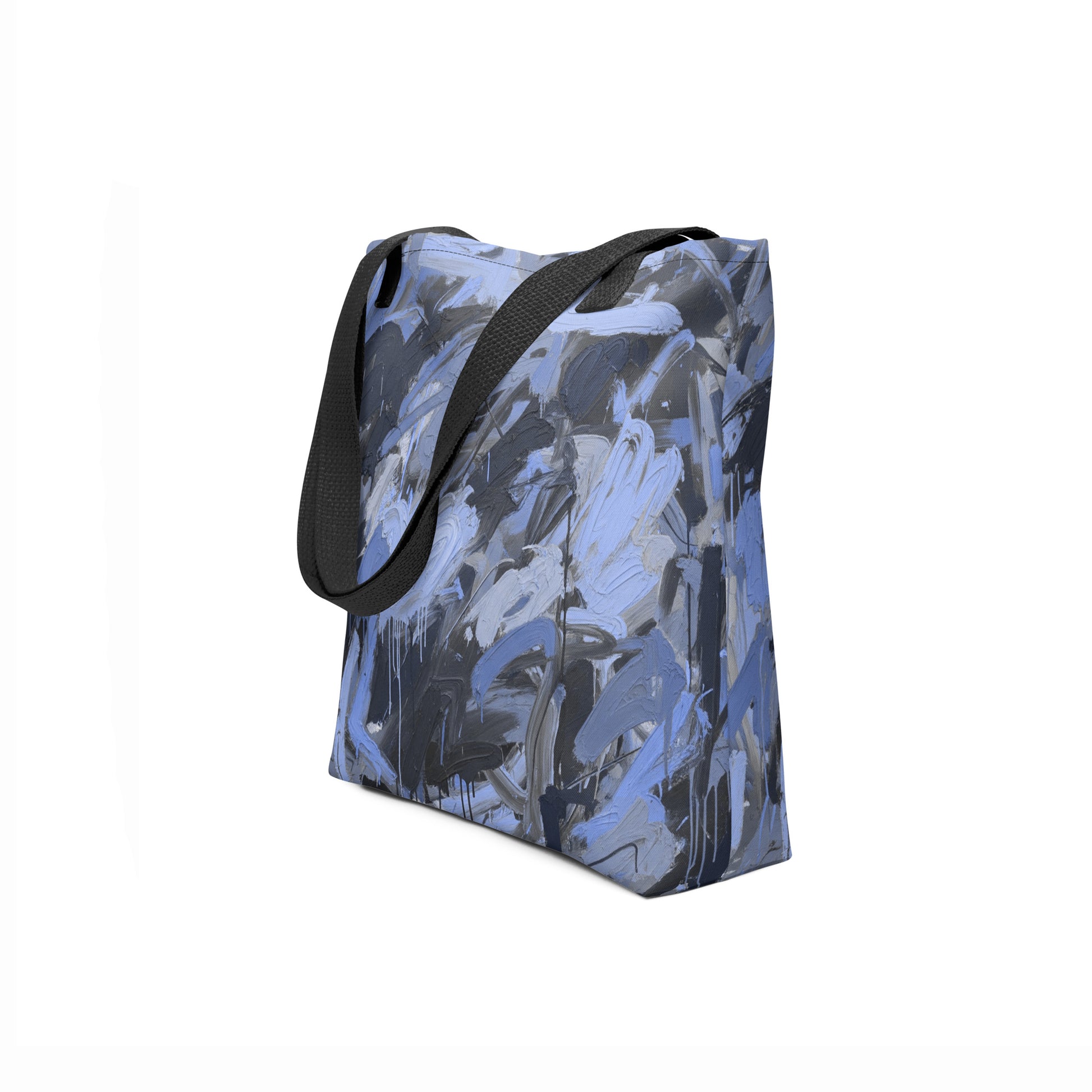 Modern abstract tote with expressive blue and black painterly patterns by TASHAU.
