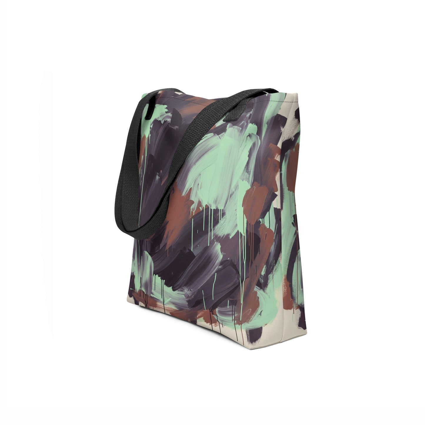 Modern abstract tote with hand-painted green and brown tones designed by TASHAU.