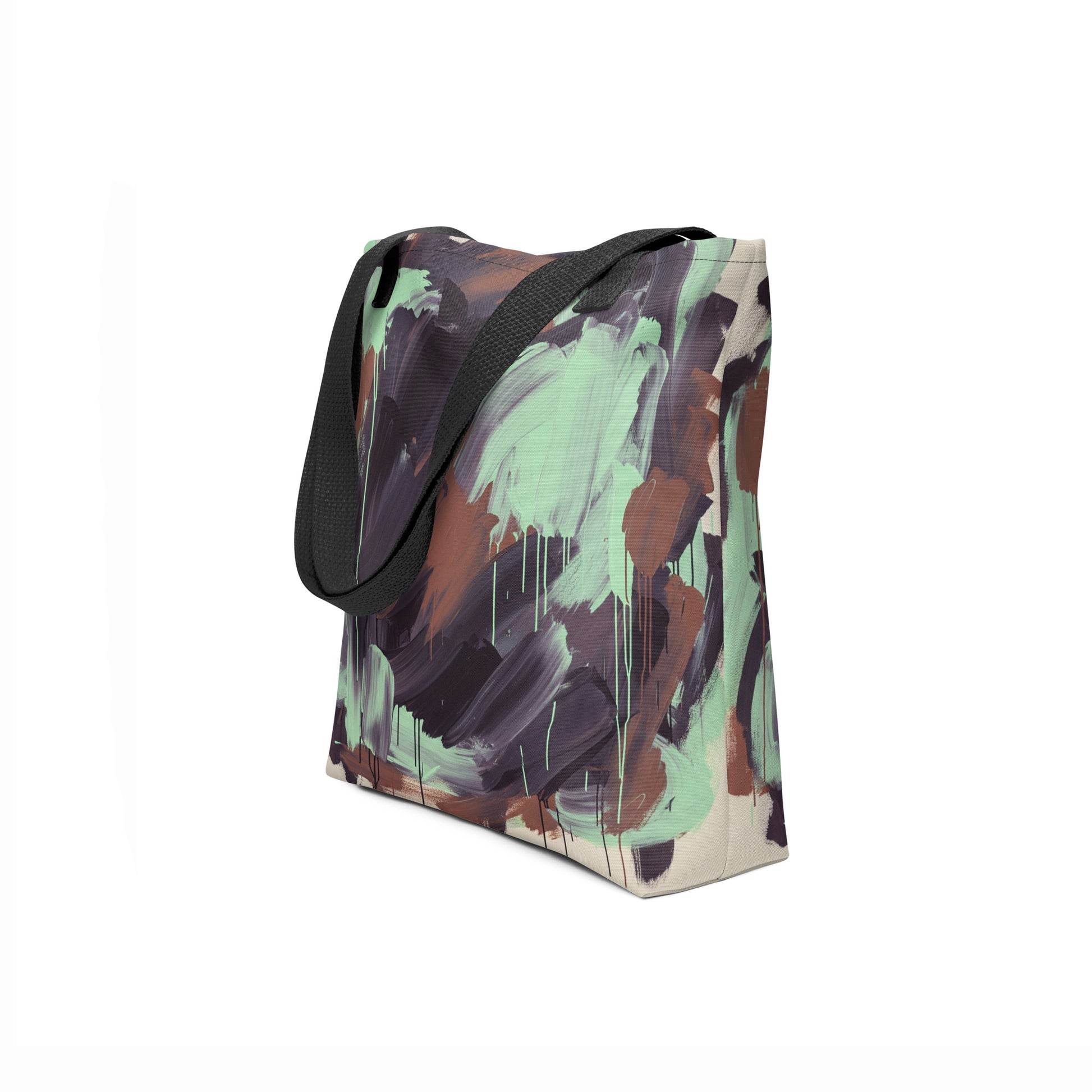 Modern abstract tote with hand-painted green and brown tones designed by TASHAU.
