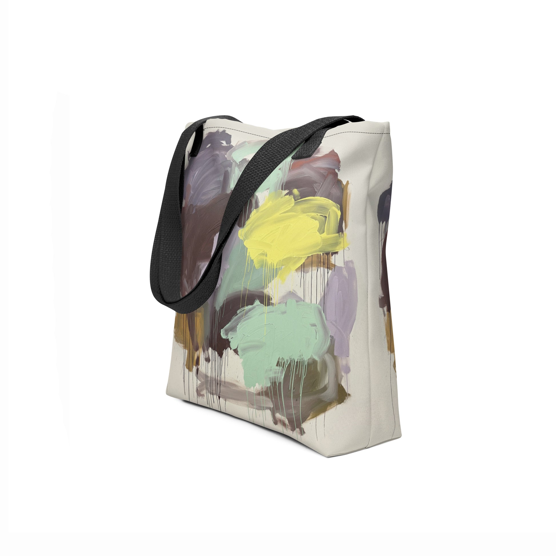 Beige canvas tote with mint, purple, and soft yellow paint strokes designed by TASHAU.