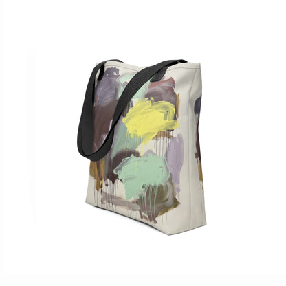 Beige canvas tote with mint, purple, and soft yellow paint strokes designed by TASHAU.