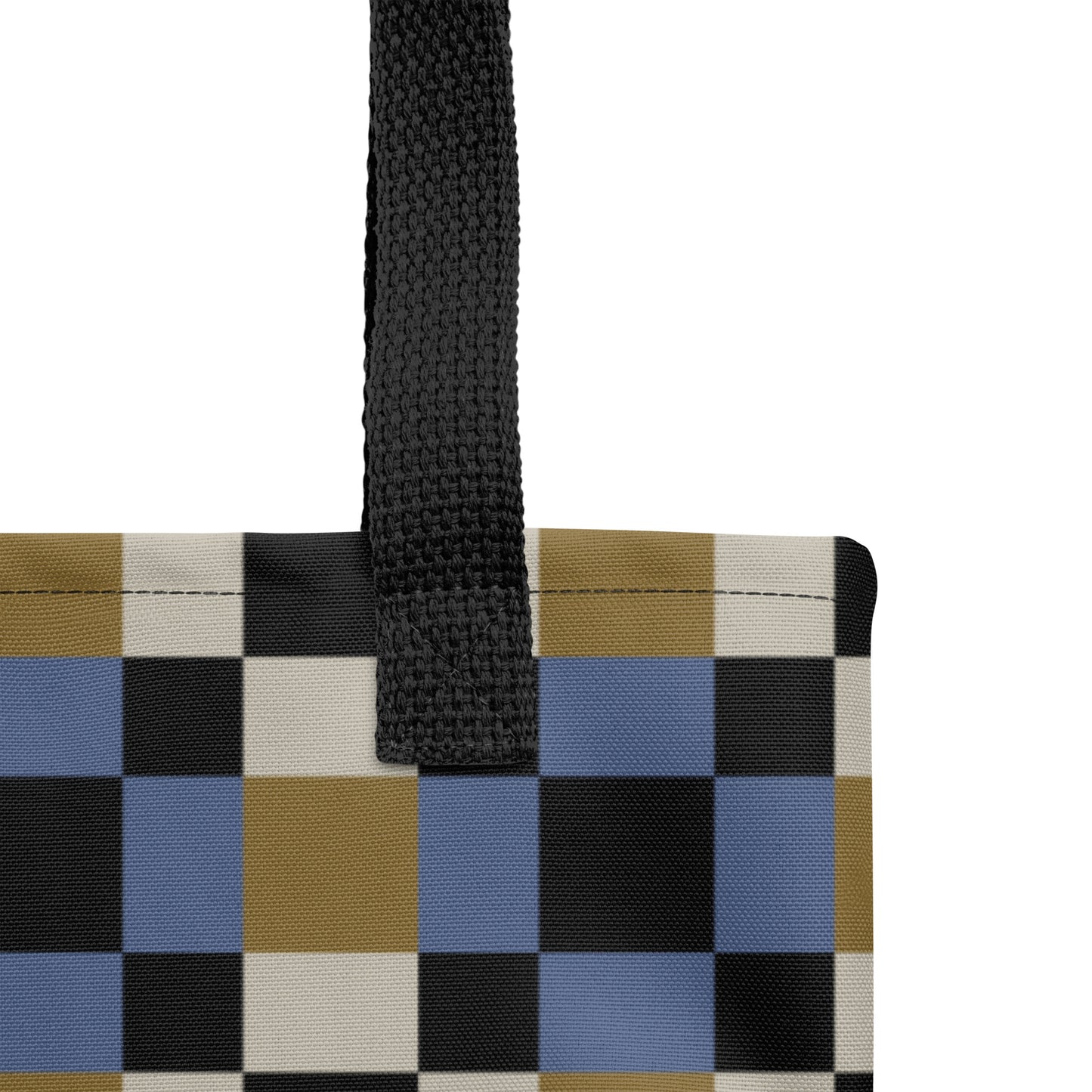 Stylish everyday tote bag with modern blue and gold mosaic print.