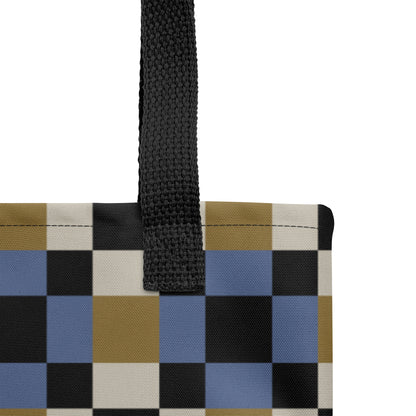 Stylish everyday tote bag with modern blue and gold mosaic print.