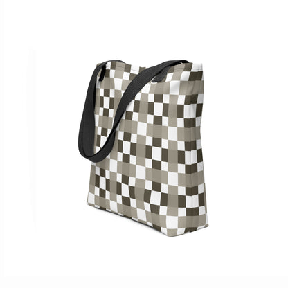 Stylish unisex shopper tote bag with monochrome grey, black, and white checks.