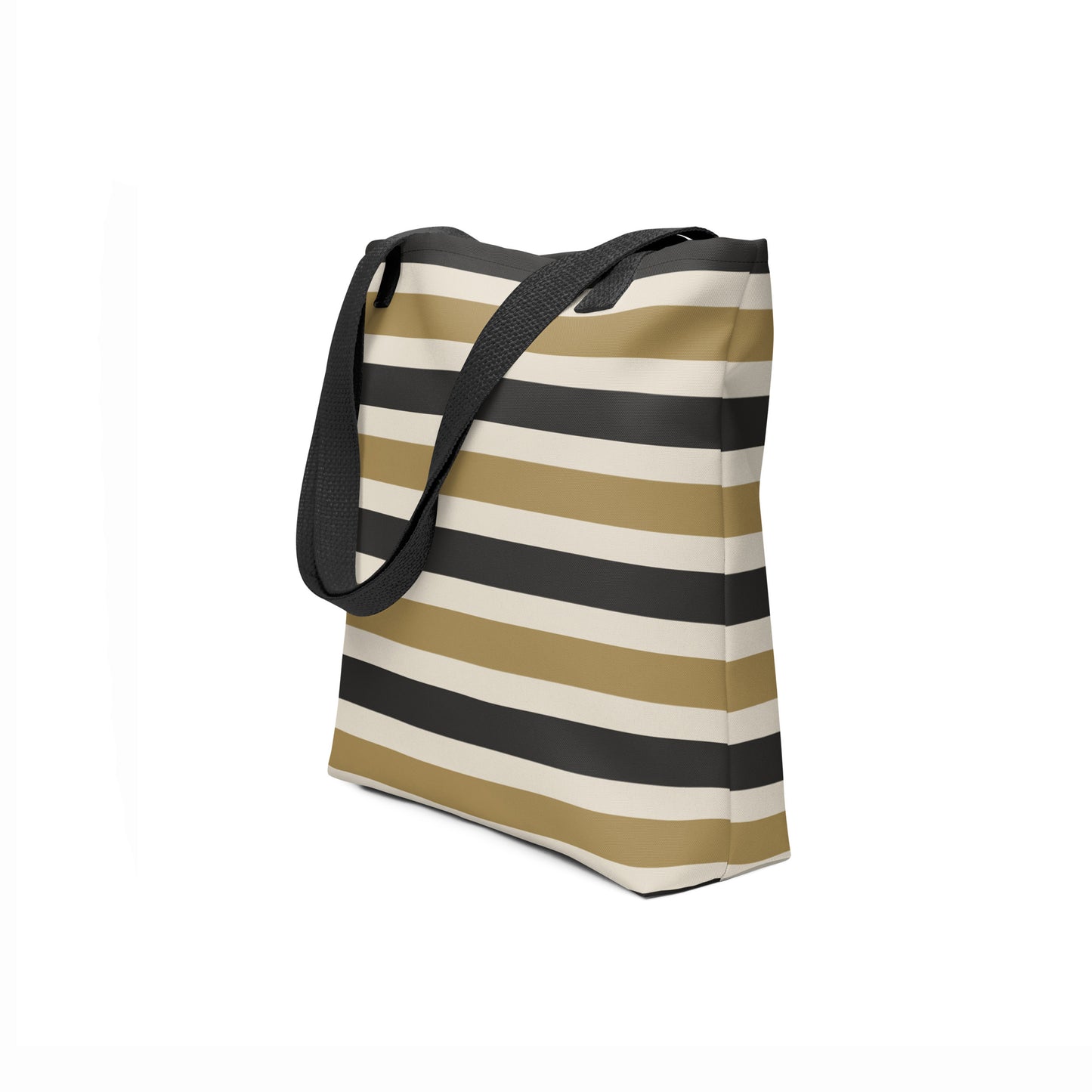Modern stripe tote bag in beige, black, and golden tones – TASHAU shopper style.