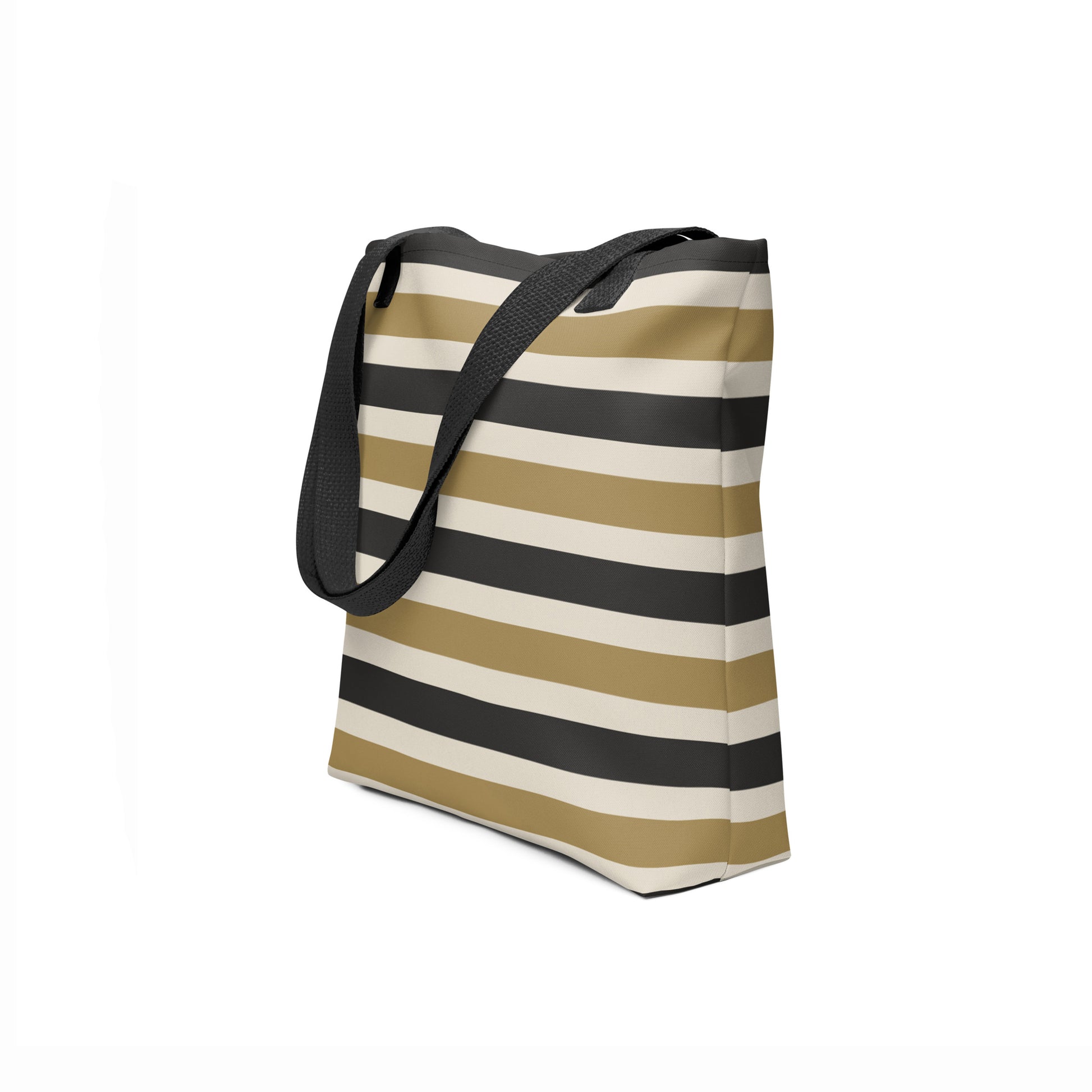 Modern stripe tote bag in beige, black, and golden tones – TASHAU shopper style.