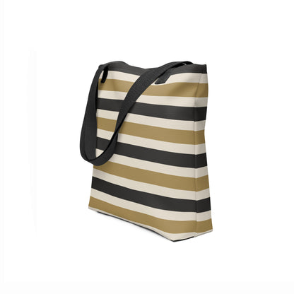 Modern stripe tote bag in beige, black, and golden tones – TASHAU shopper style.