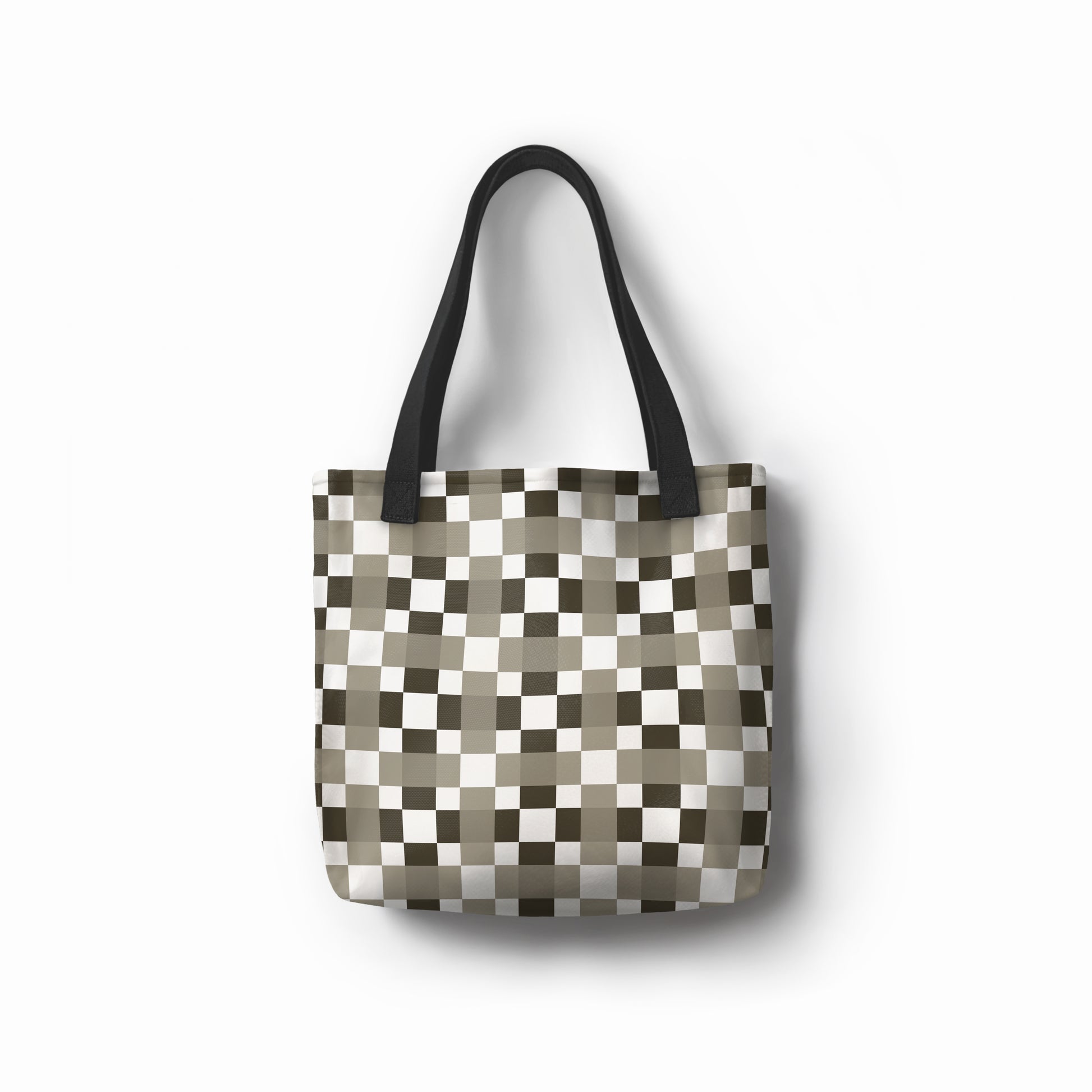 Minimalist checkered tote bag with black, grey, and white geometric design.
