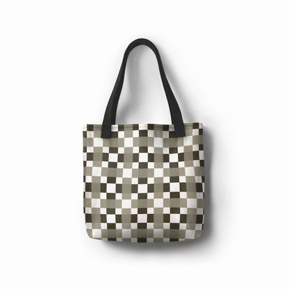 Minimalist checkered tote bag with black, grey, and white geometric design.