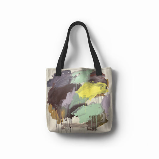 Pastel abstract tote bag with mint green, lilac, and yellow brushstrokes designed by TASHAU.