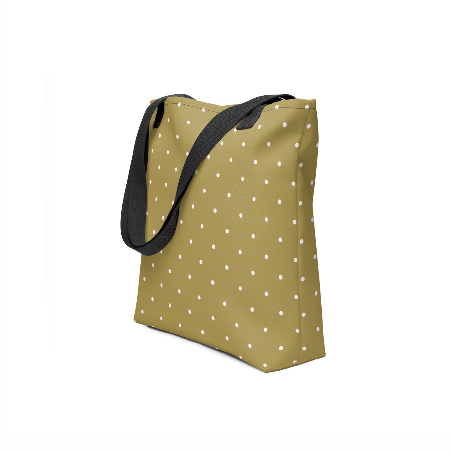 Unisex tote bag in moss green with minimalist white polka dot pattern.