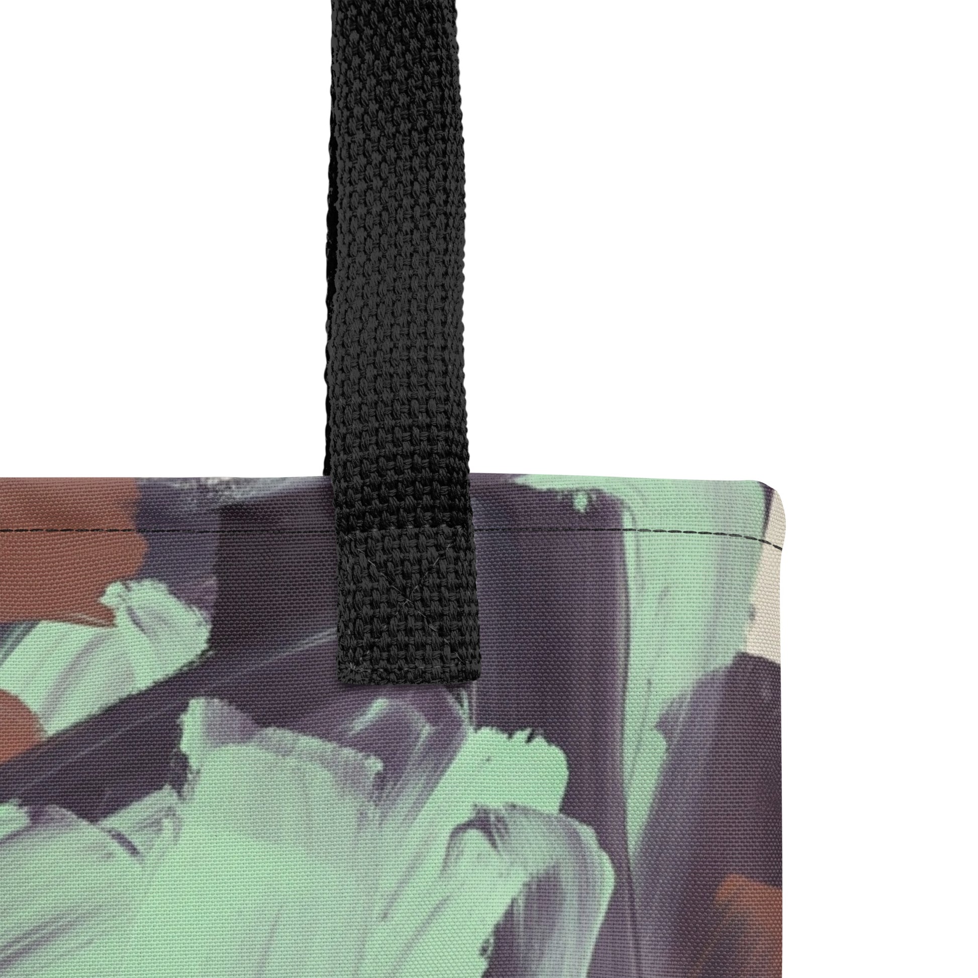 Close-up of a minimalist earth tone tote bag inspired by nature and texture. Shop at TASHAU.