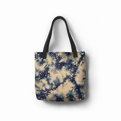 Artistic beach tote bag design in navy blue and beige – Desert Nightfall canvas bag for stylish coastal fashion and eco-friendly shopping.
