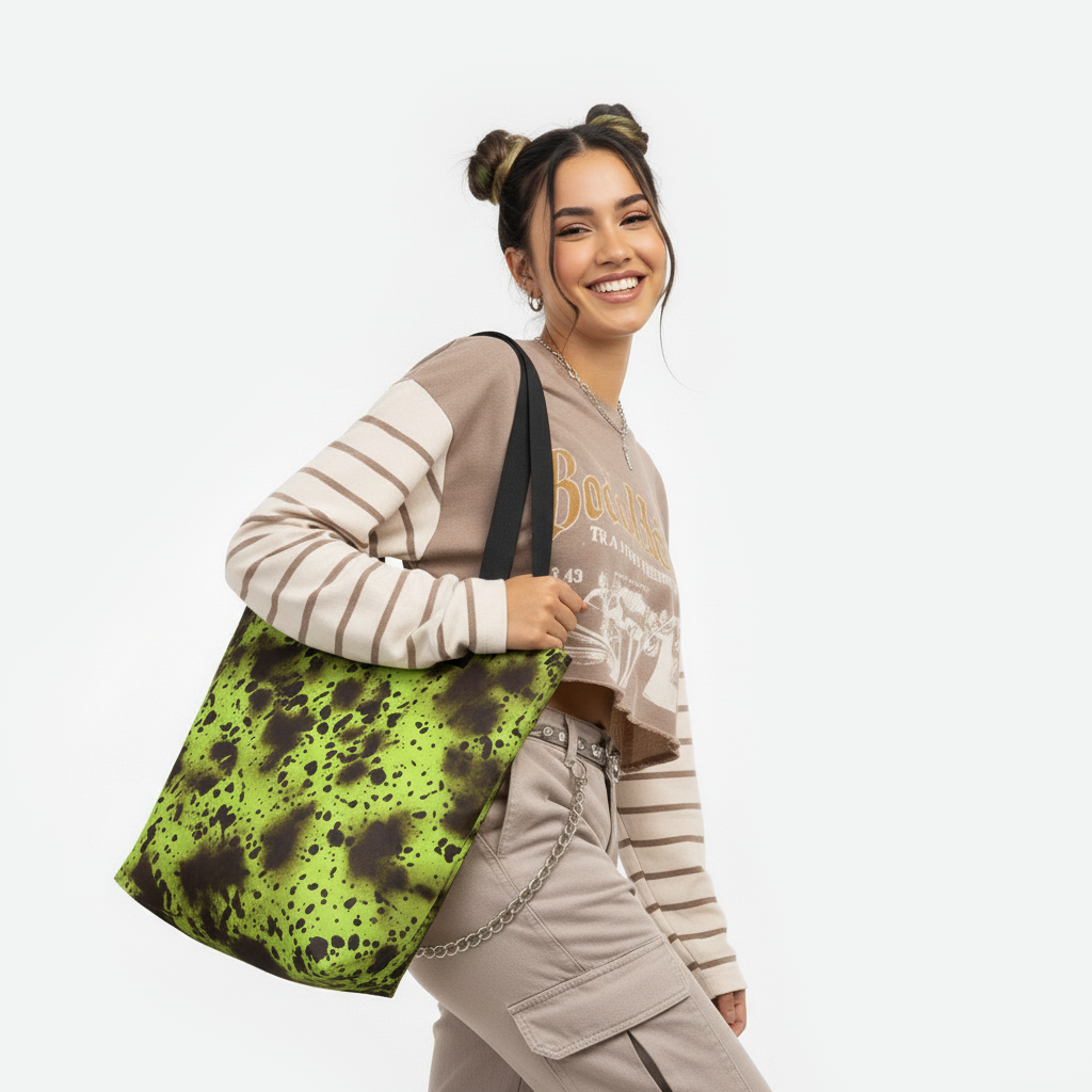 Woman carrying the Neon Moss tote bag in electric green with bold black splatter print designed by TASHAU.