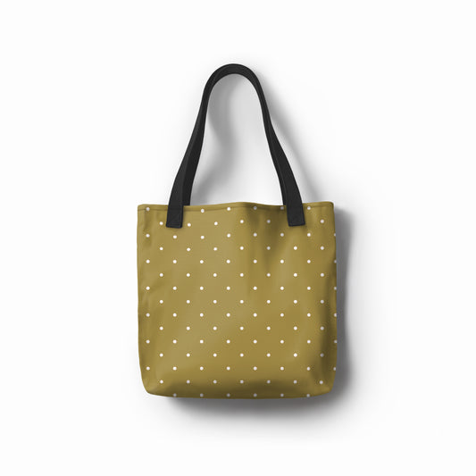TASHAU Olive Moss Speckled tote bag in pickled mustard green with playful white dots.