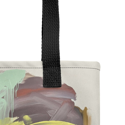 Close-up of a modern pastel art tote bag inspired by morning light and creativity. Designed by TASHAU.