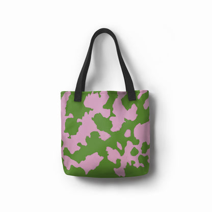 Pink and green artistic tote bag inspired by fresh raspberry and lime colors.