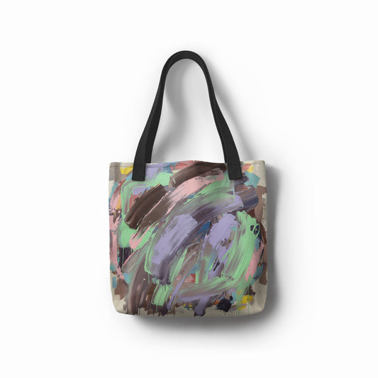 Abstract pastel brushstroke tote bag in lilac, mint, and pink with black handles — modern artistic shopper-bag style.