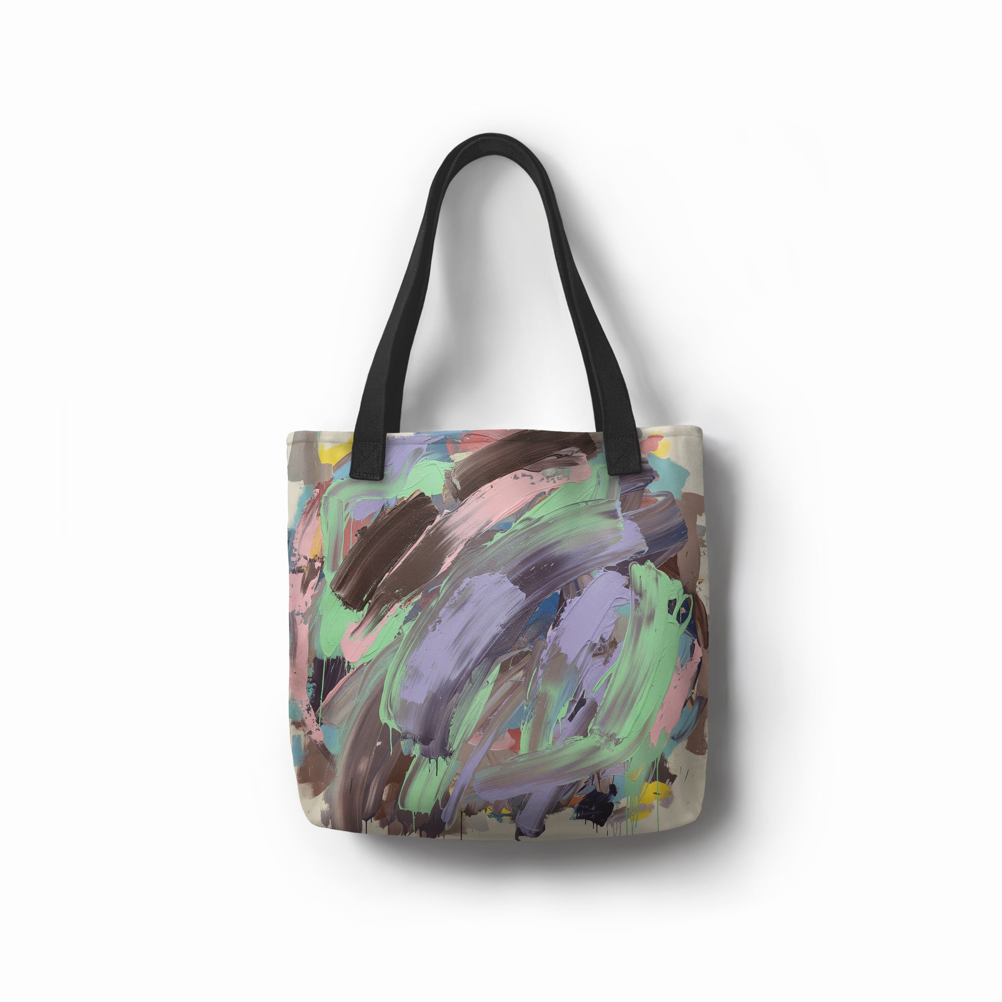 Colorful abstract art tote bag featuring expressive strokes in pastel green, purple, and brown - creative gift or goody bag idea.