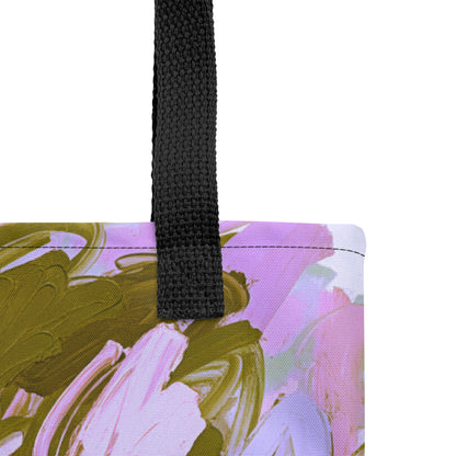 Walnut Glow tote by TASHAU featuring velvet-like brown base and lilac petal accents.