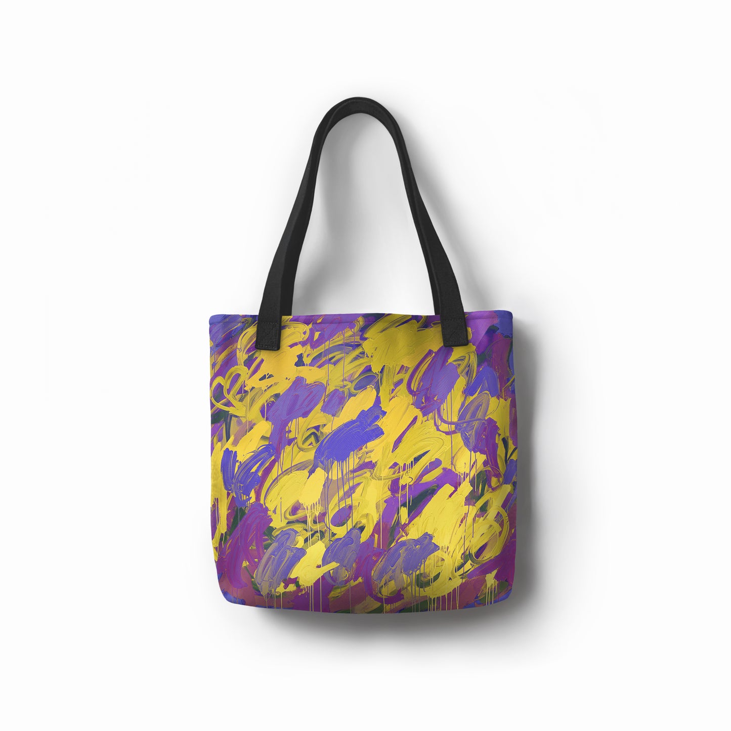 Artistic tote bag in purple and golden yellow, featuring abstract painterly patterns.