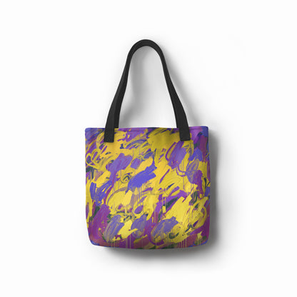 Artistic tote bag in purple and golden yellow, featuring abstract painterly patterns.