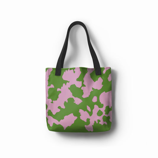 TASHAU Raspberry Lime tote bag in playful pastel green and pink with fruity abstract tones.