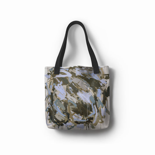 TASHAU River Rock tote bag in abstract blue, gray, and olive brushstrokes.