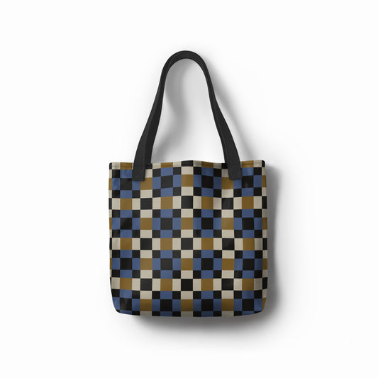 Royal Mosaic tote bag with blue, gold, black, and cream checkerboard design.