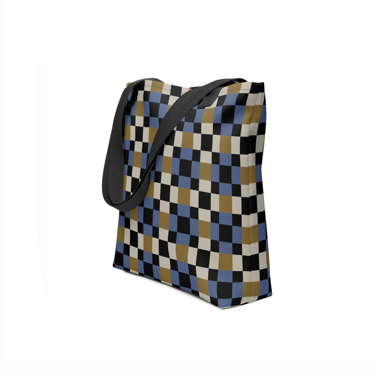 Large checkered tote shopper bag in graphic blue, gold, and black.