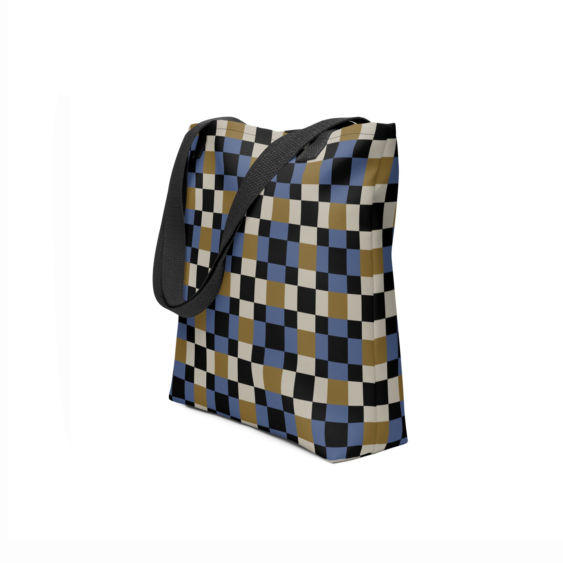 Large checkered tote shopper bag in graphic blue, gold, and black.