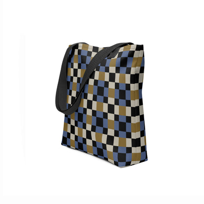 Large checkered tote shopper bag in graphic blue, gold, and black.