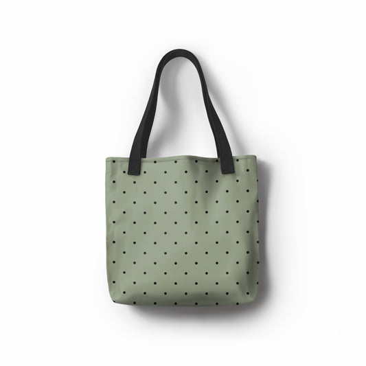 TASHAU Sage Dots tote bag in olive green with black polka dots.