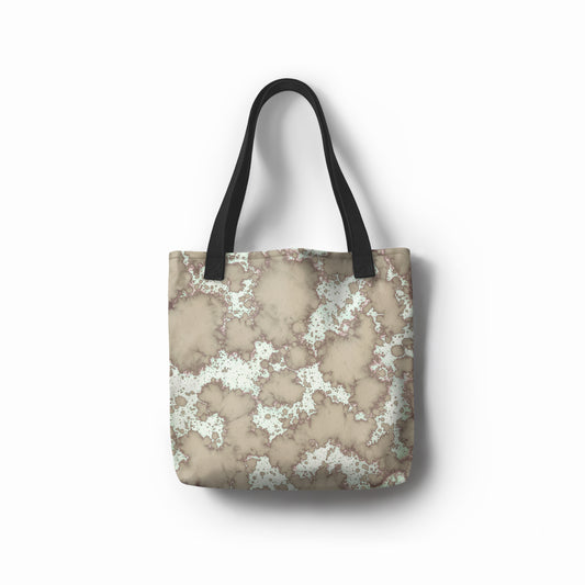 TASHAU Silver Grove tote bag in soft white and gray mist pattern.