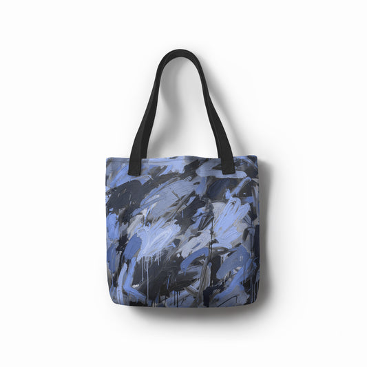 TASHAU Storm Cloud Brush tote bag with ultramarine and black brushstrokes.