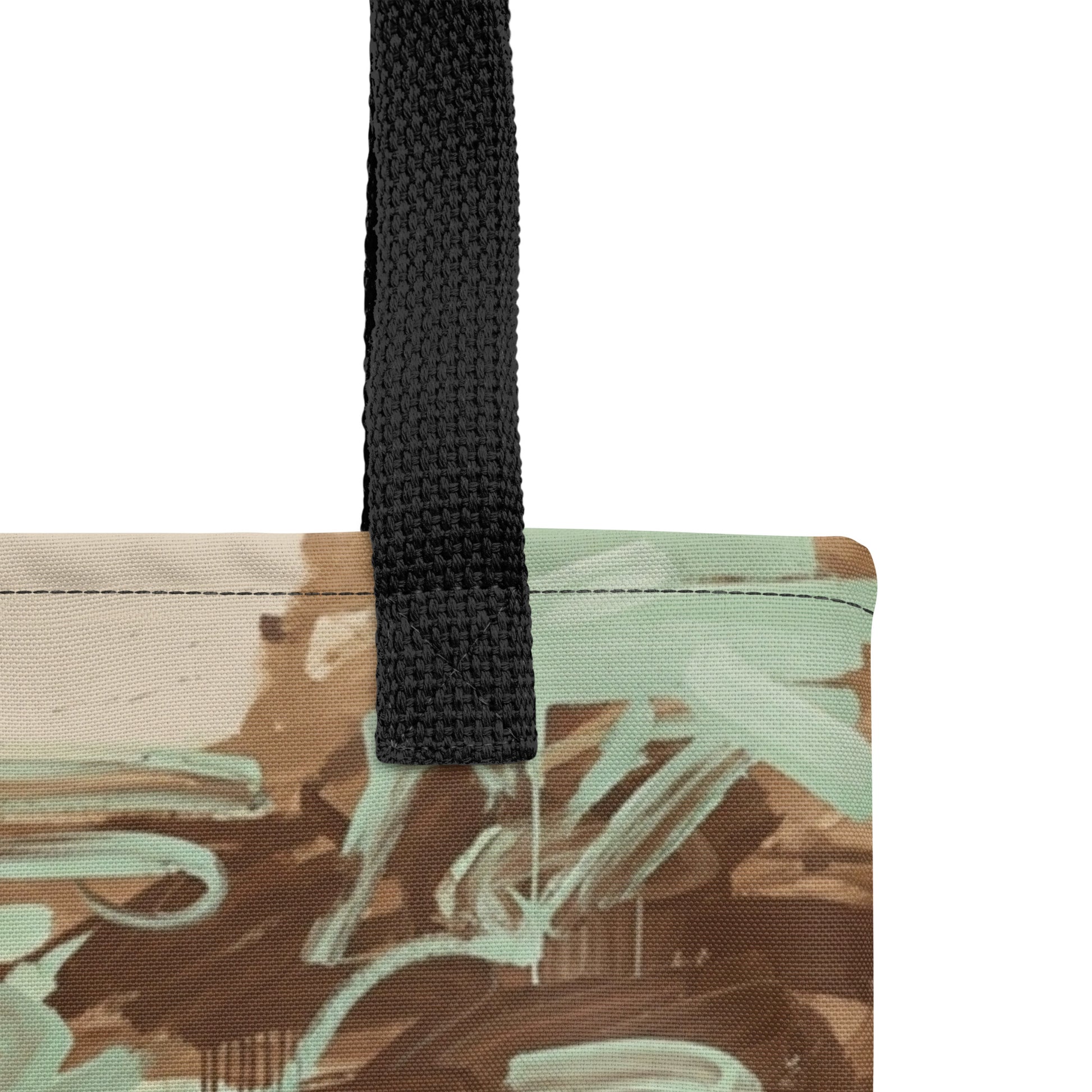 Close-up of the sustainable canvas material and abstract brown and mint pattern by Tashau.