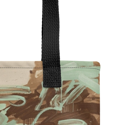 Close-up of the sustainable canvas material and abstract brown and mint pattern by Tashau.