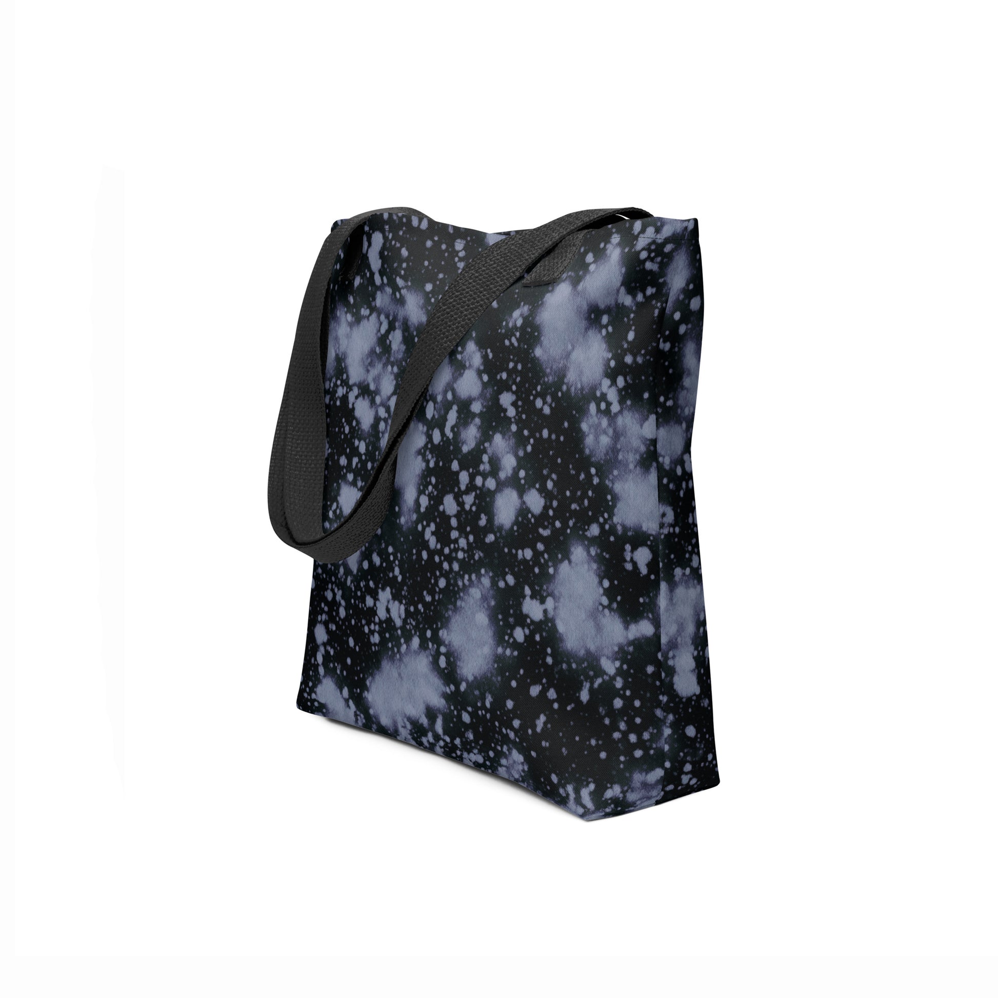 Stylish black and blue splatter print tote bag by Tashau – everyday carryall.