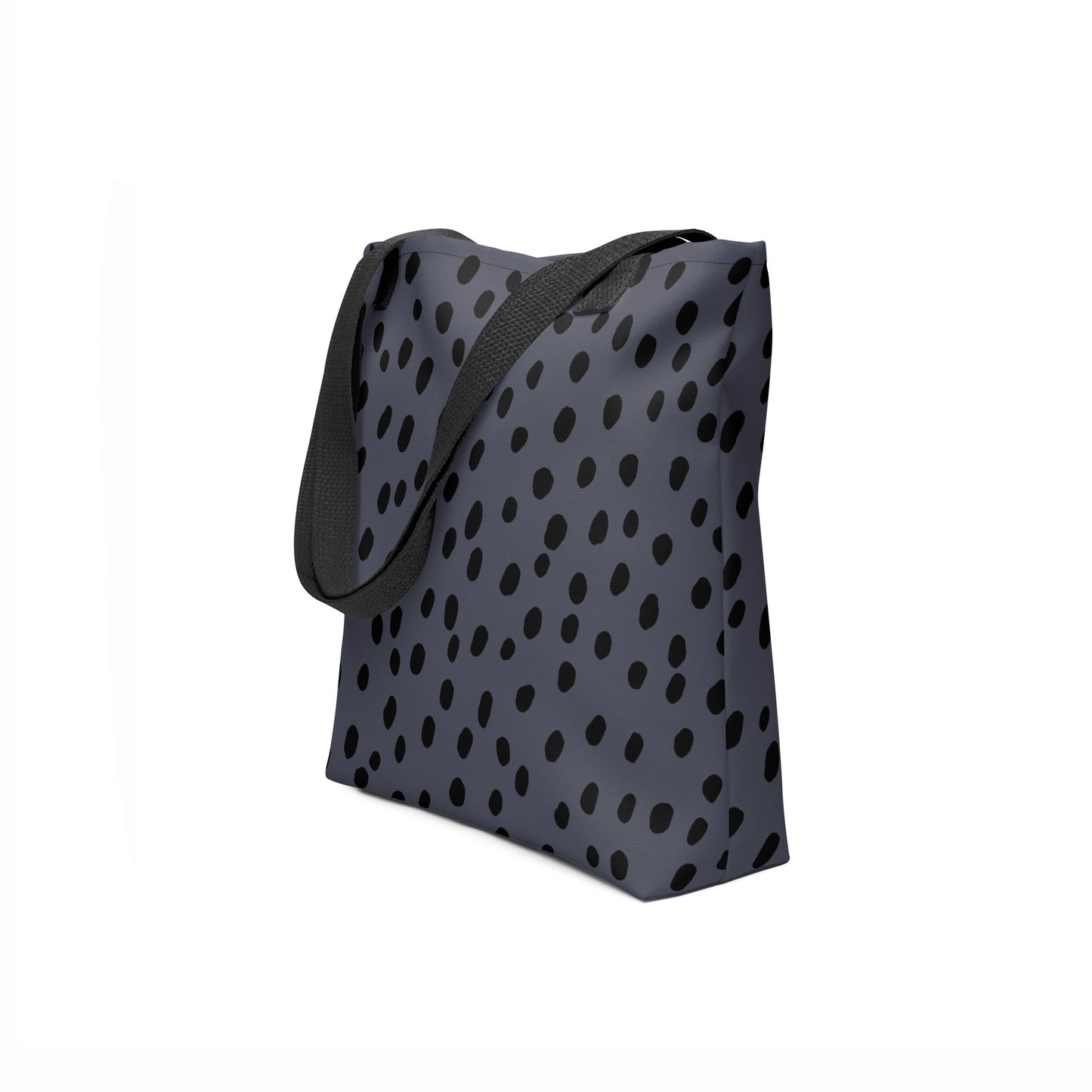 TASHAU eco-friendly material tote bag with polka dots on navy blue background.