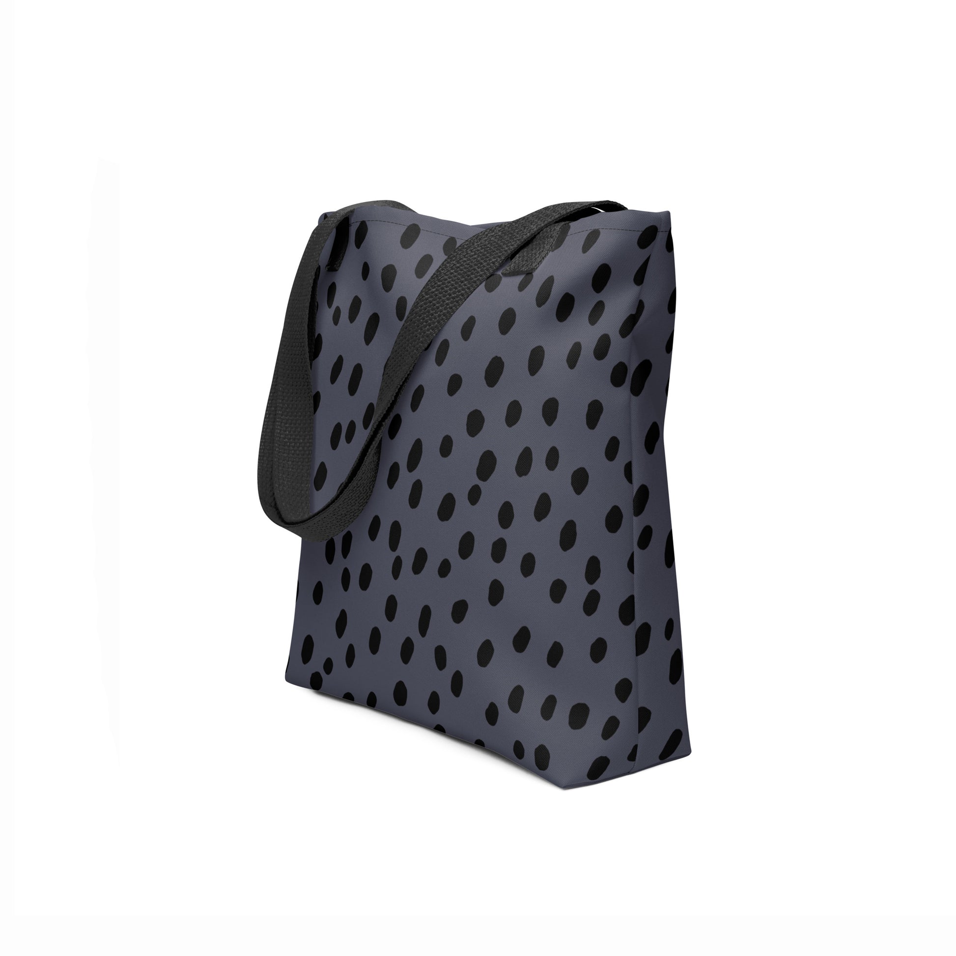 TASHAU eco-friendly material tote bag with polka dots on navy blue background.