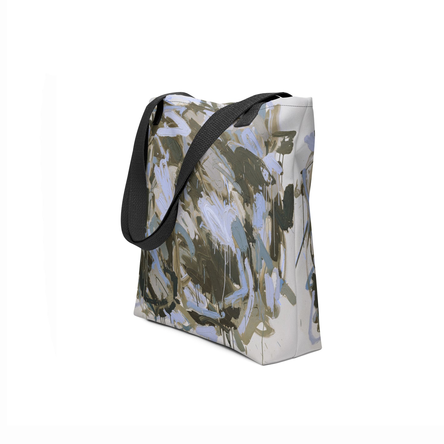Sustainable shopper bag with earthy tones of gray, blue, and olive.