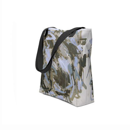 Sustainable shopper bag with earthy tones of gray, blue, and olive.