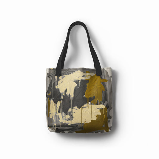 TASHAU Textured Amber tote bag with gray and gold abstract brushstrokes.