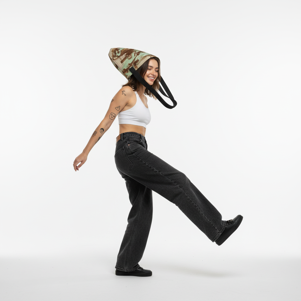 Model carrying the TASHAU Wild Hikes tote bag on her head.
