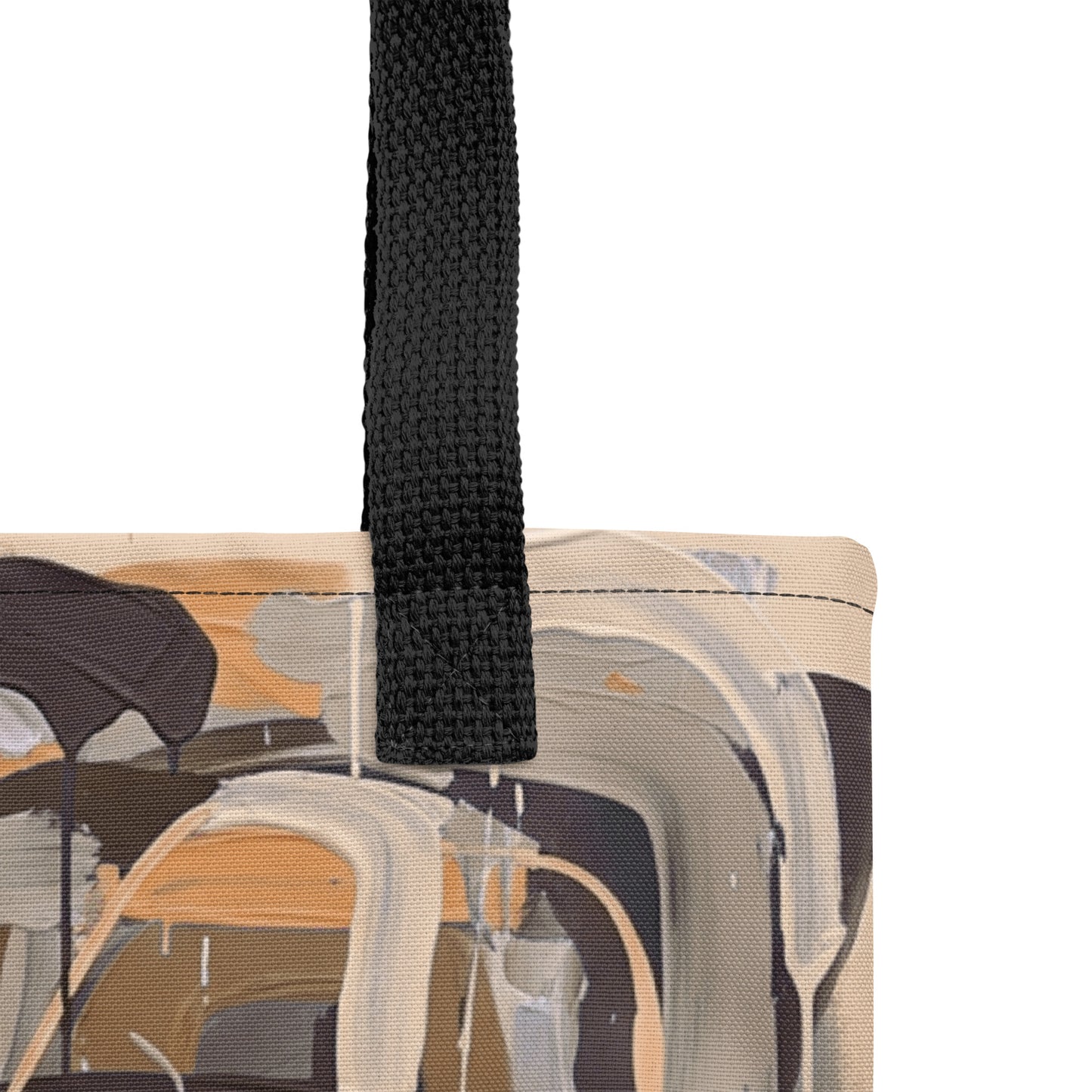 High-quality TASHAU fashion tote in warm beige and brown palette.