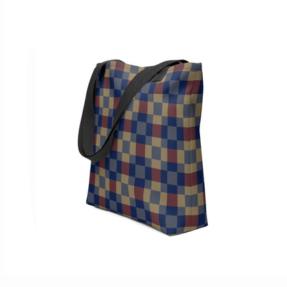 Unisex tote shopper with geometric navy, red, and mustard check pattern.
