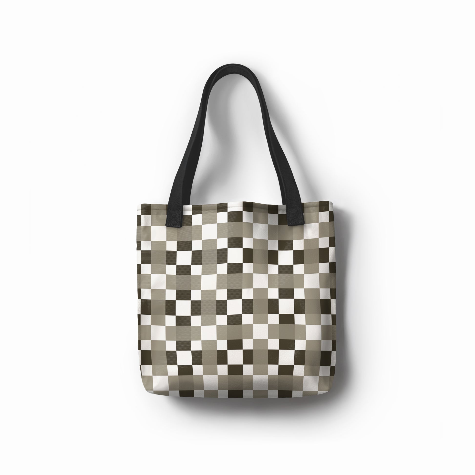 TASHAU Urban Grid tote shopper bag in black, grey, and white checkered squares.