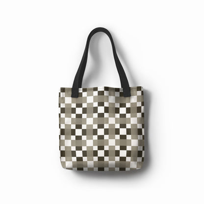 TASHAU Urban Grid tote shopper bag in black, grey, and white checkered squares.